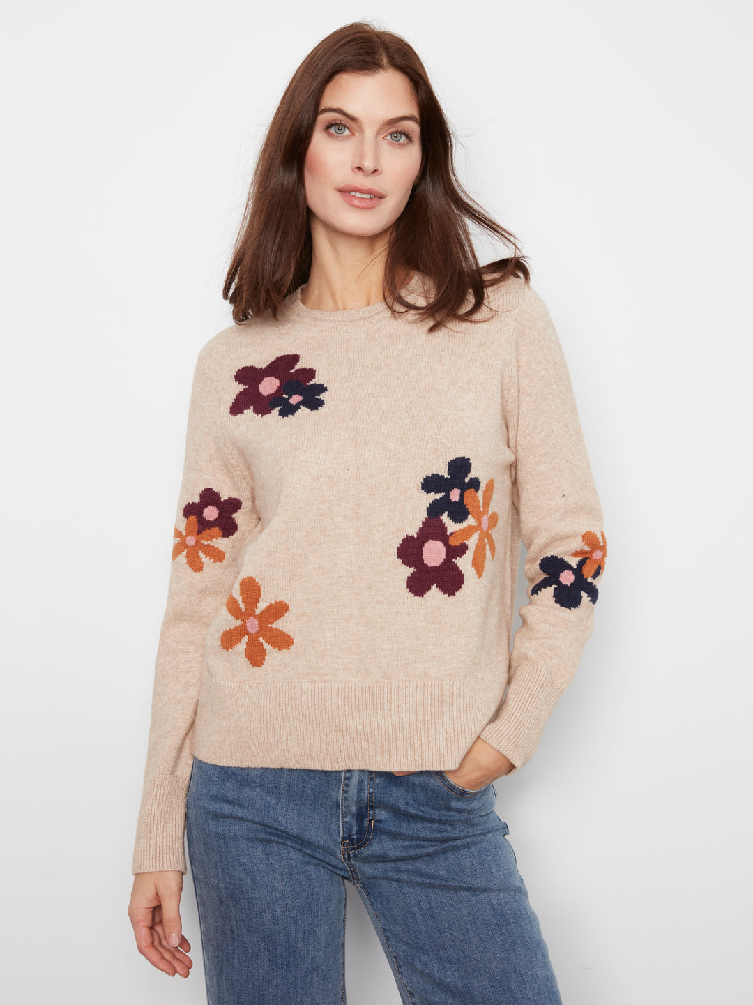 Long Sleeve Crew Neck Sweater With Placed Jacquard Flowers