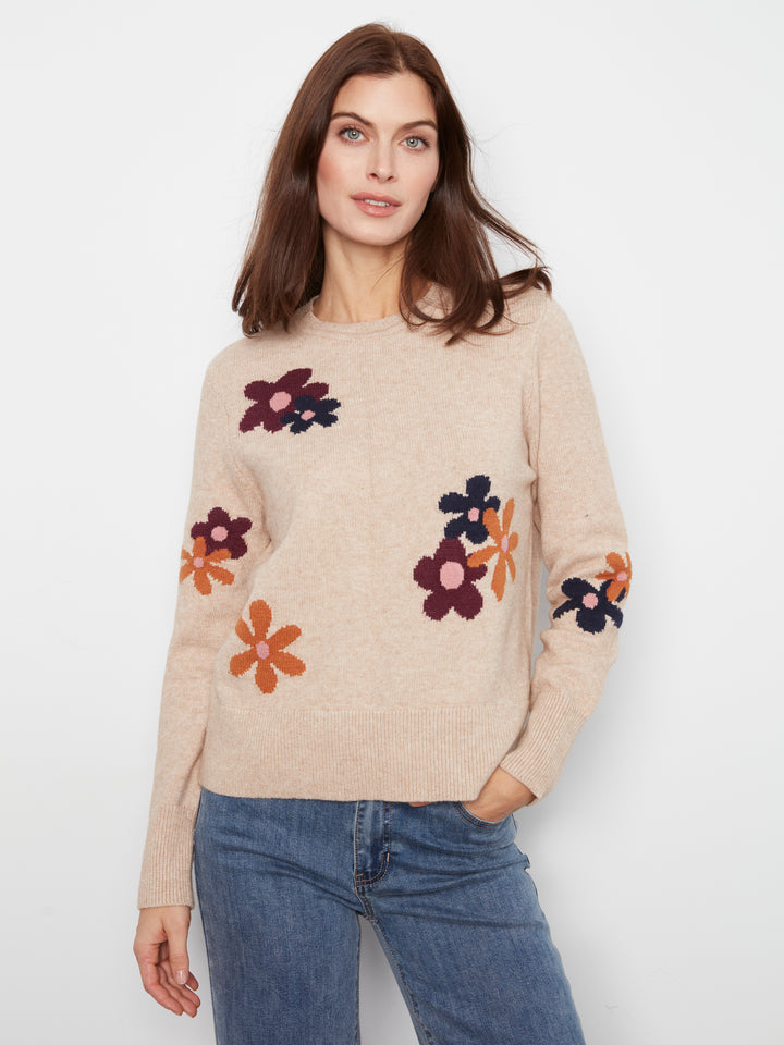 Long Sleeve Crew Neck Sweater With Placed Jacquard Flowers