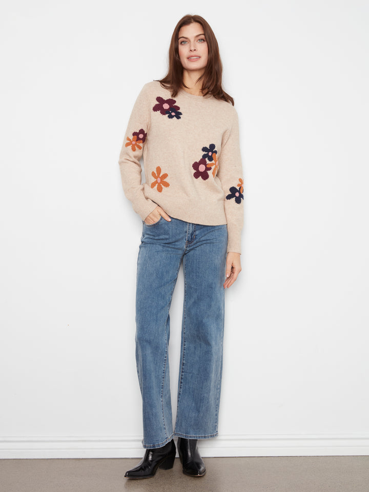Long Sleeve Crew Neck Sweater With Placed Jacquard Flowers