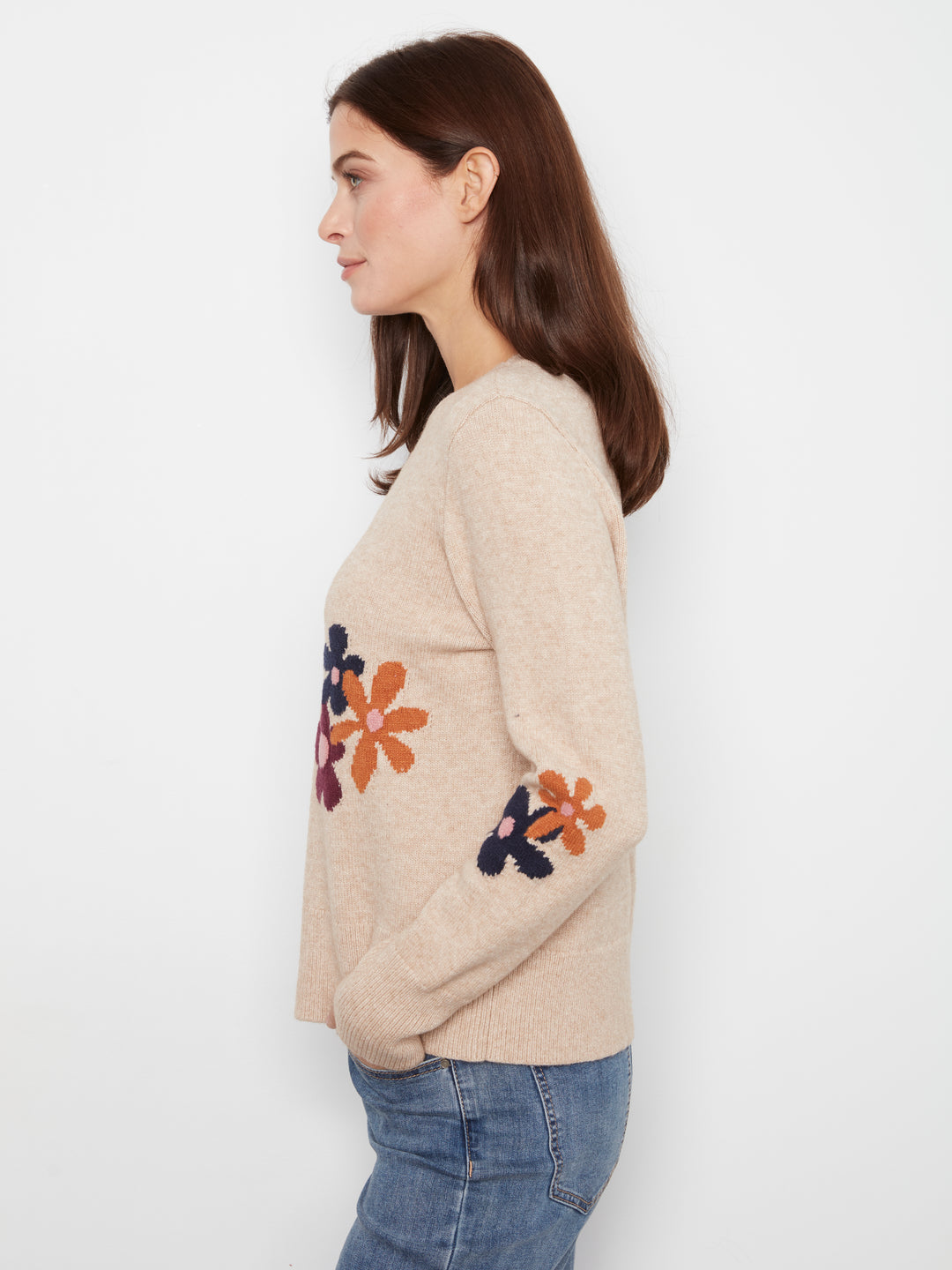 Long Sleeve Crew Neck Sweater With Placed Jacquard Flowers