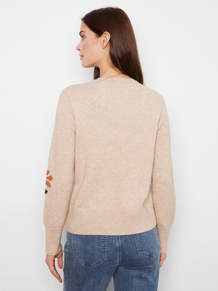Long Sleeve Crew Neck Sweater With Placed Jacquard Flowers