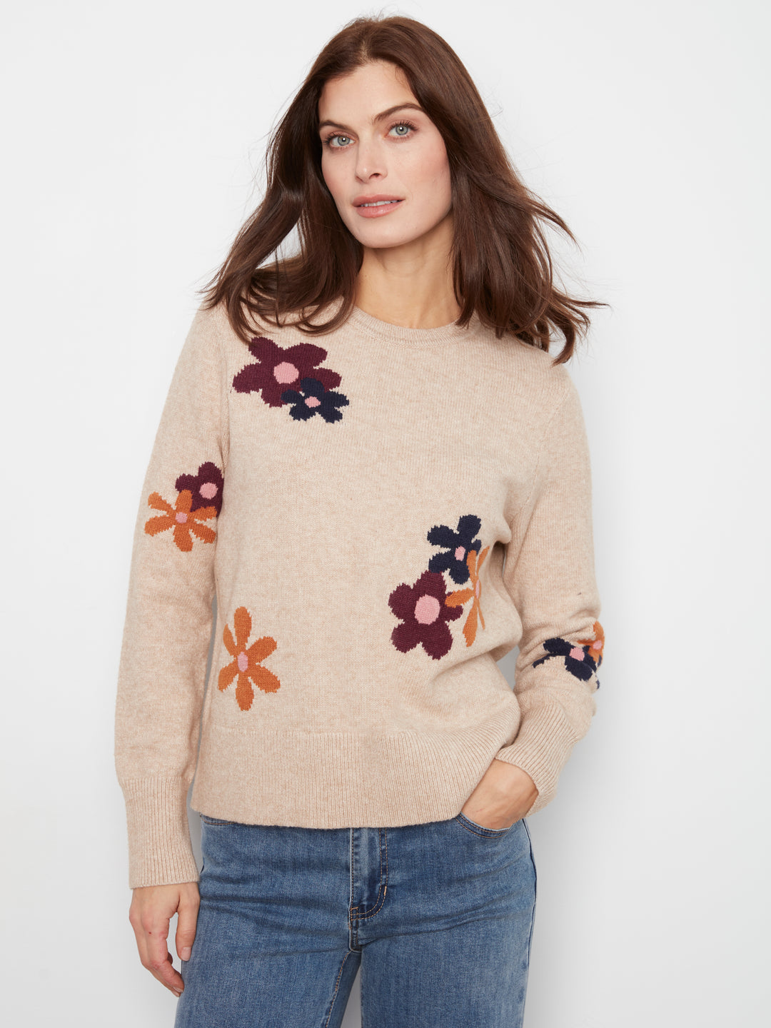 Long Sleeve Crew Neck Sweater With Placed Jacquard Flowers