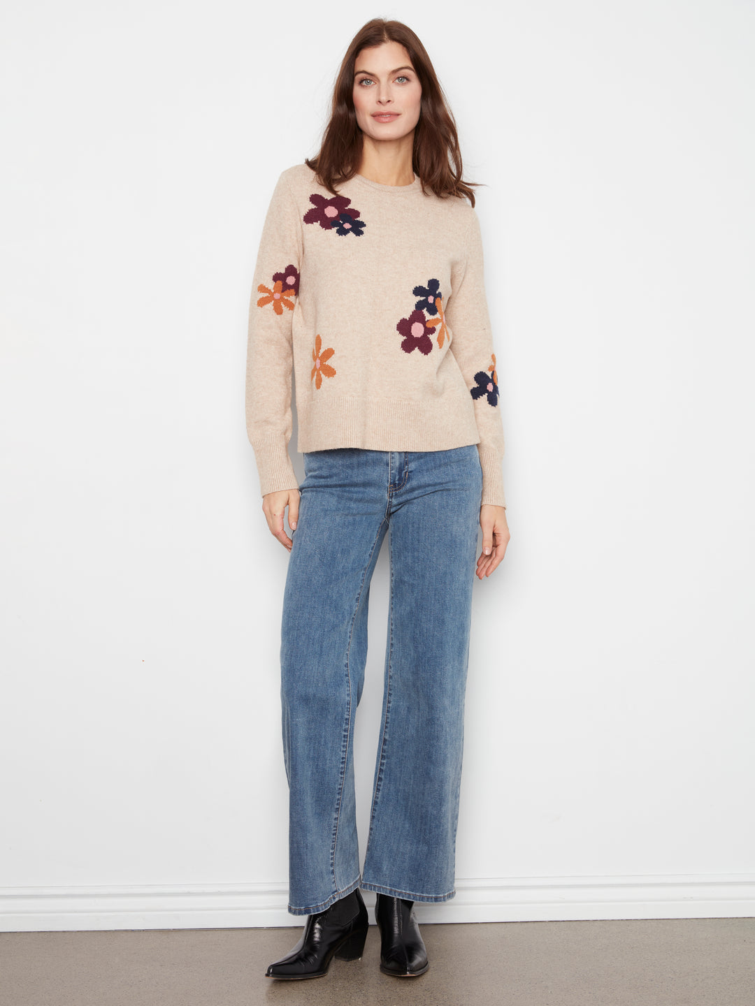 Long Sleeve Crew Neck Sweater With Placed Jacquard Flowers