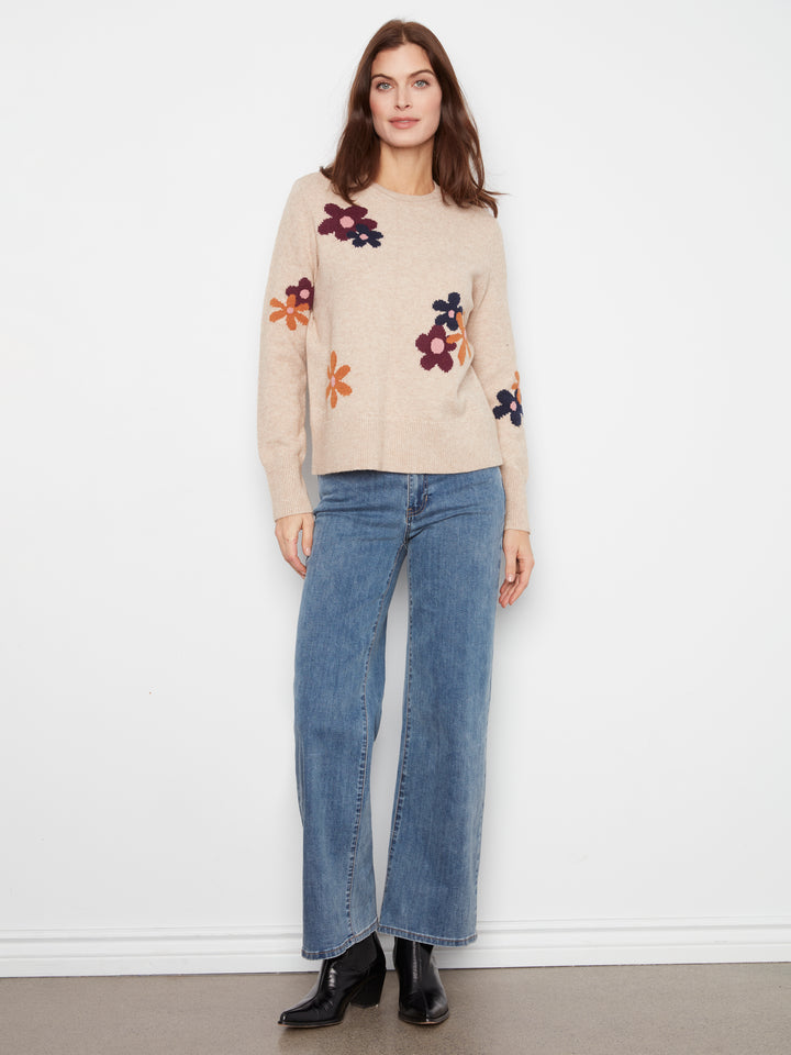 Long Sleeve Crew Neck Sweater With Placed Jacquard Flowers