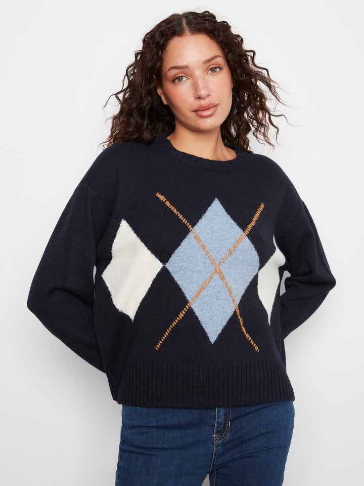 Long Sleeve Drop Shoulder Crew Neck Sweater With Argyle Jacquard & Whipstitch Detail