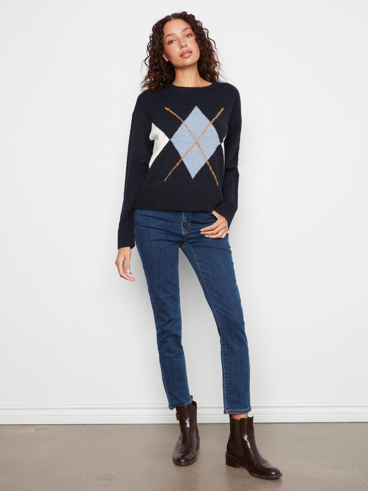 Long Sleeve Drop Shoulder Crew Neck Sweater With Argyle Jacquard & Whipstitch Detail