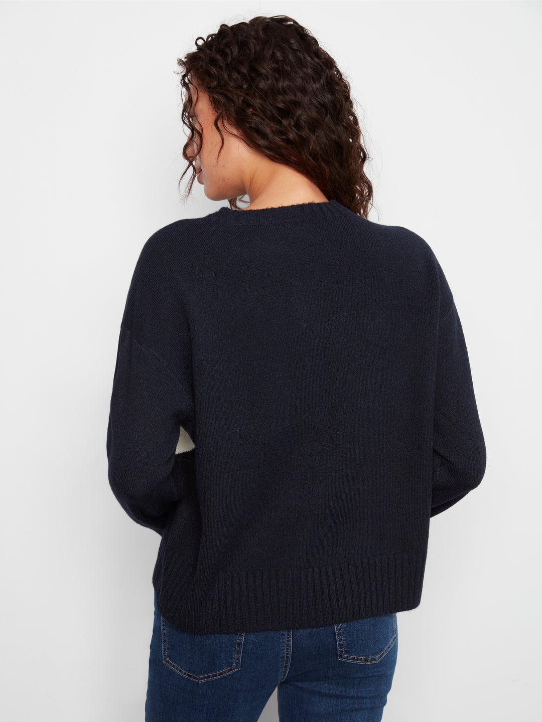Long Sleeve Drop Shoulder Crew Neck Sweater With Argyle Jacquard & Whipstitch Detail