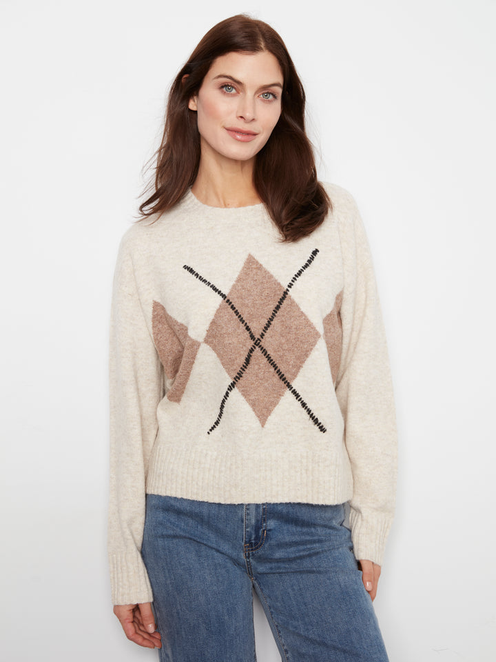 Long Sleeve Drop Shoulder Crew Neck Sweater With Argyle Jacquard & Whipstitch Detail