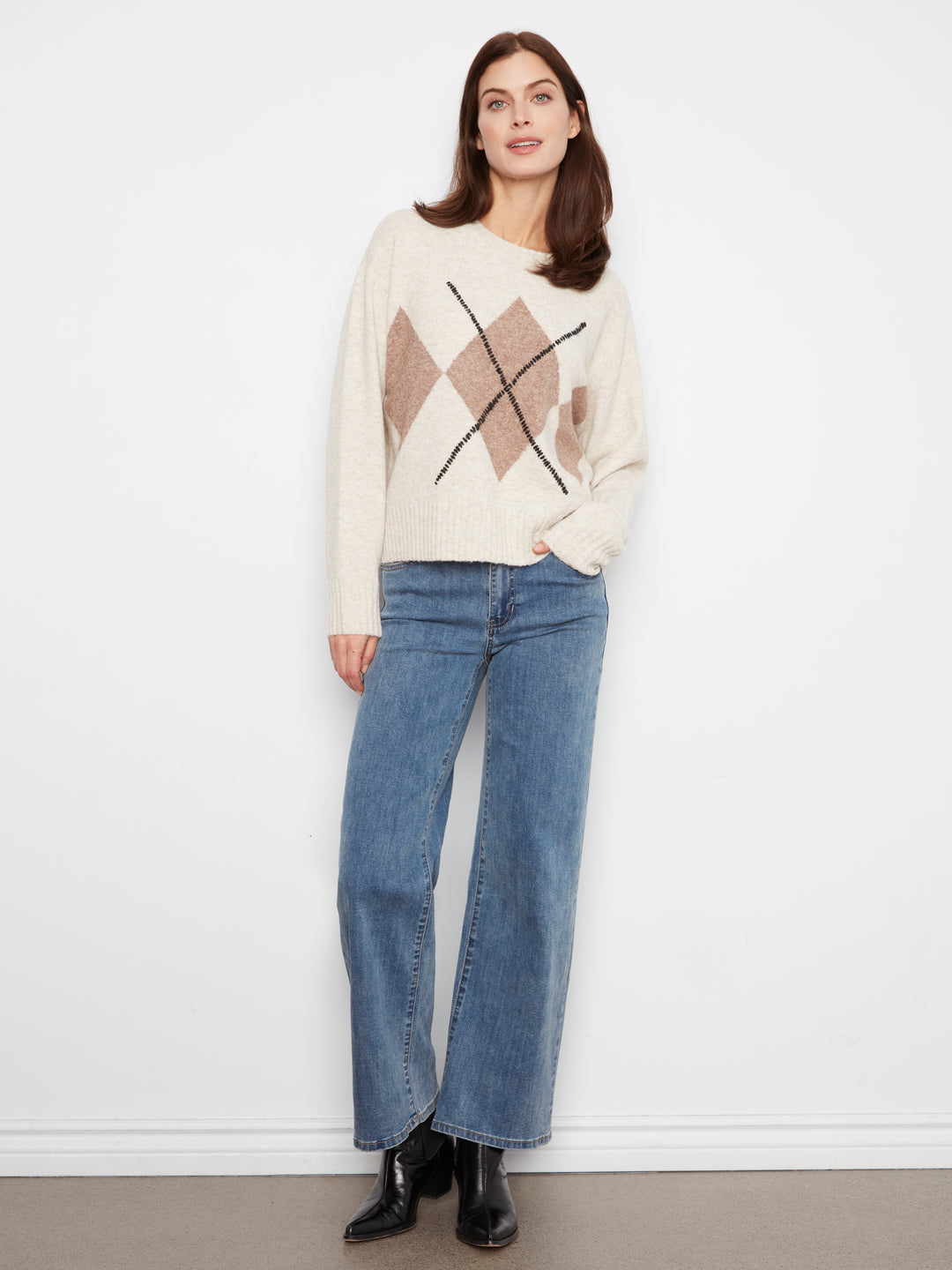 Long Sleeve Drop Shoulder Crew Neck Sweater With Argyle Jacquard & Whipstitch Detail
