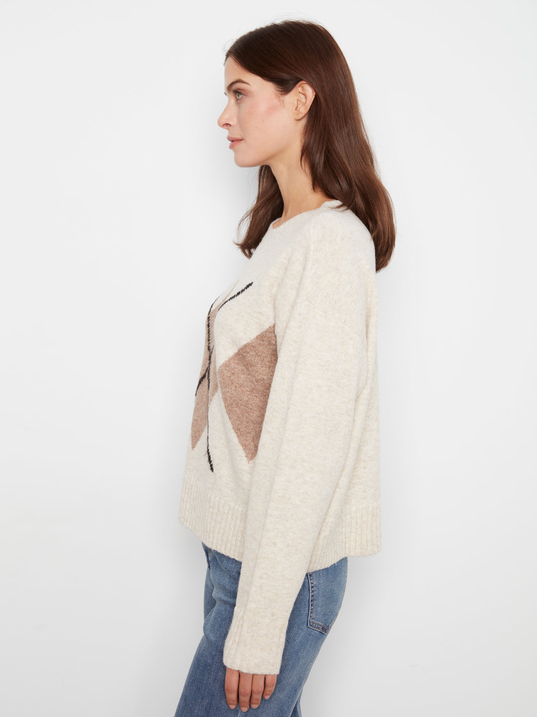 Long Sleeve Drop Shoulder Crew Neck Sweater With Argyle Jacquard & Whipstitch Detail