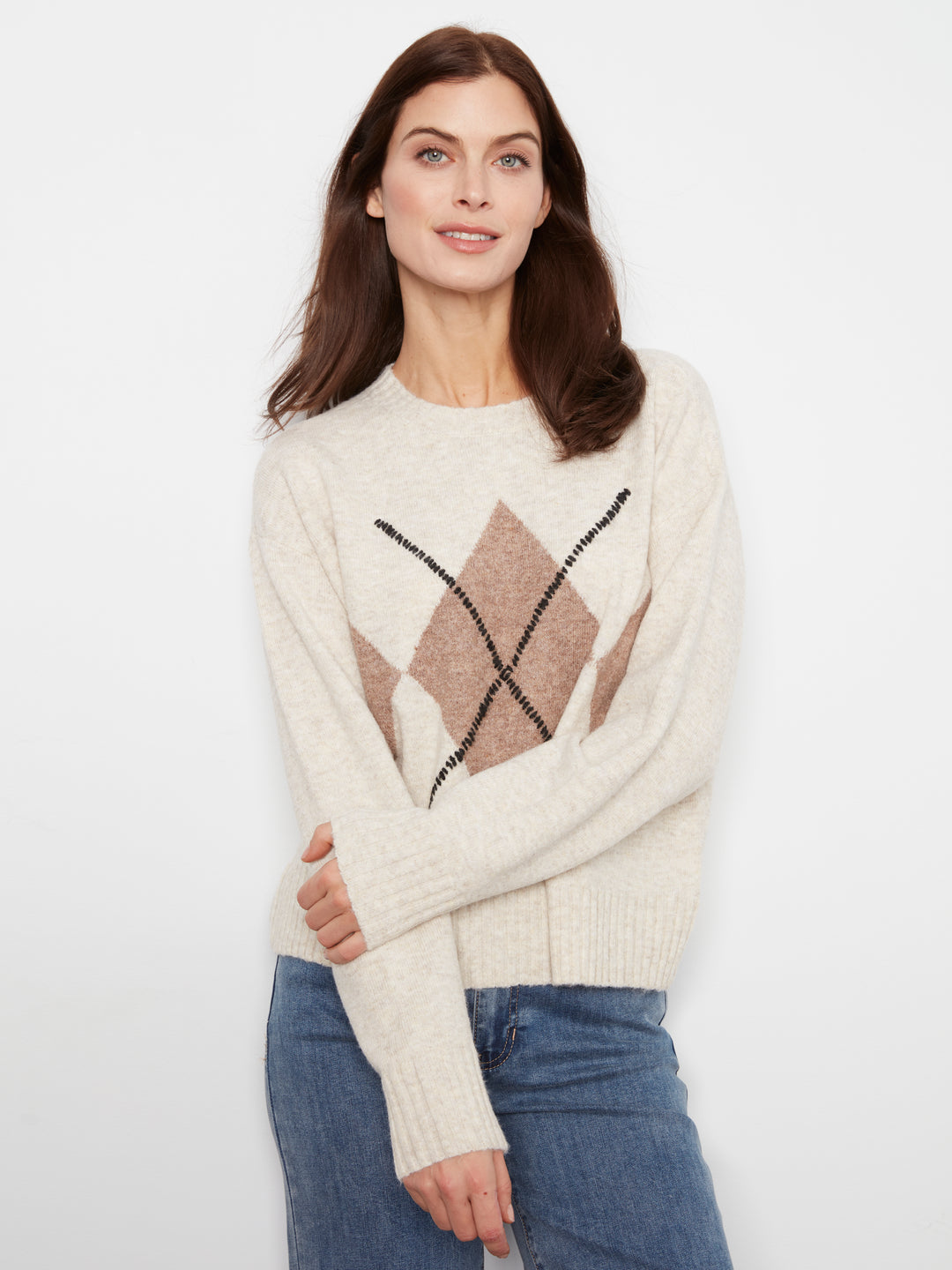 Long Sleeve Drop Shoulder Crew Neck Sweater With Argyle Jacquard & Whipstitch Detail