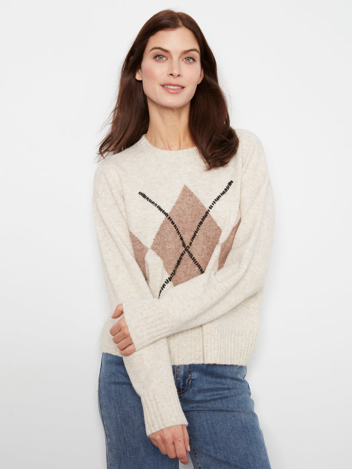 Long Sleeve Drop Shoulder Crew Neck Sweater With Argyle Jacquard & Whipstitch Detail