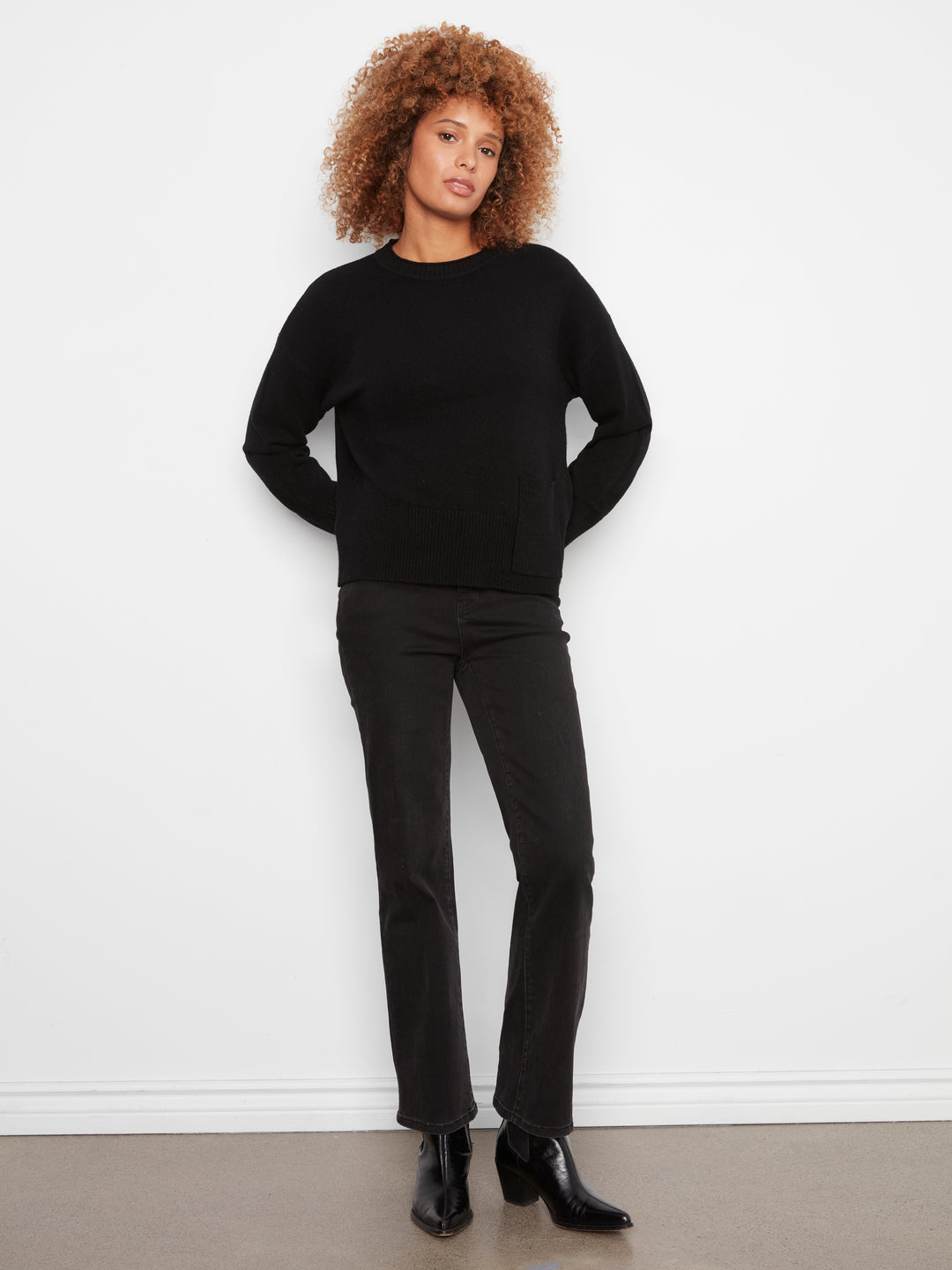 Crew Neck Cropped Sweater with Pocket