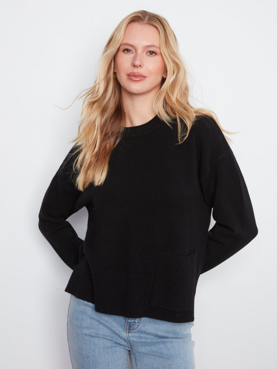 Crew Neck Cropped Sweater with Pocket