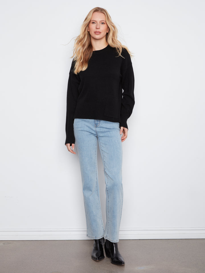 Crew Neck Cropped Sweater with Pocket