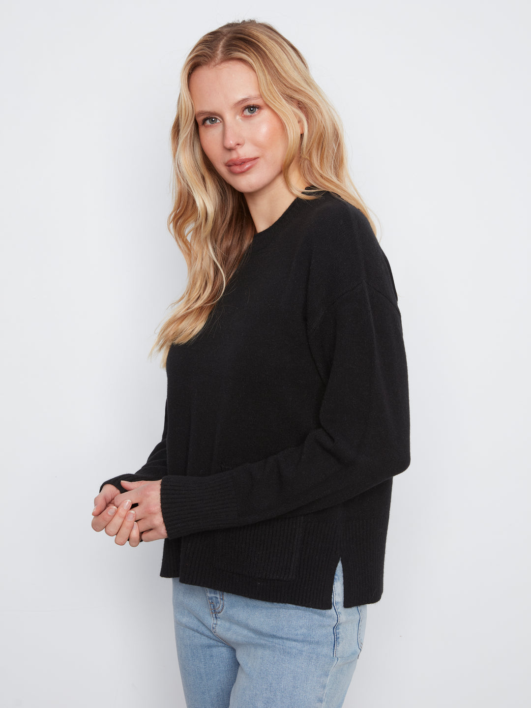 Crew Neck Cropped Sweater with Pocket