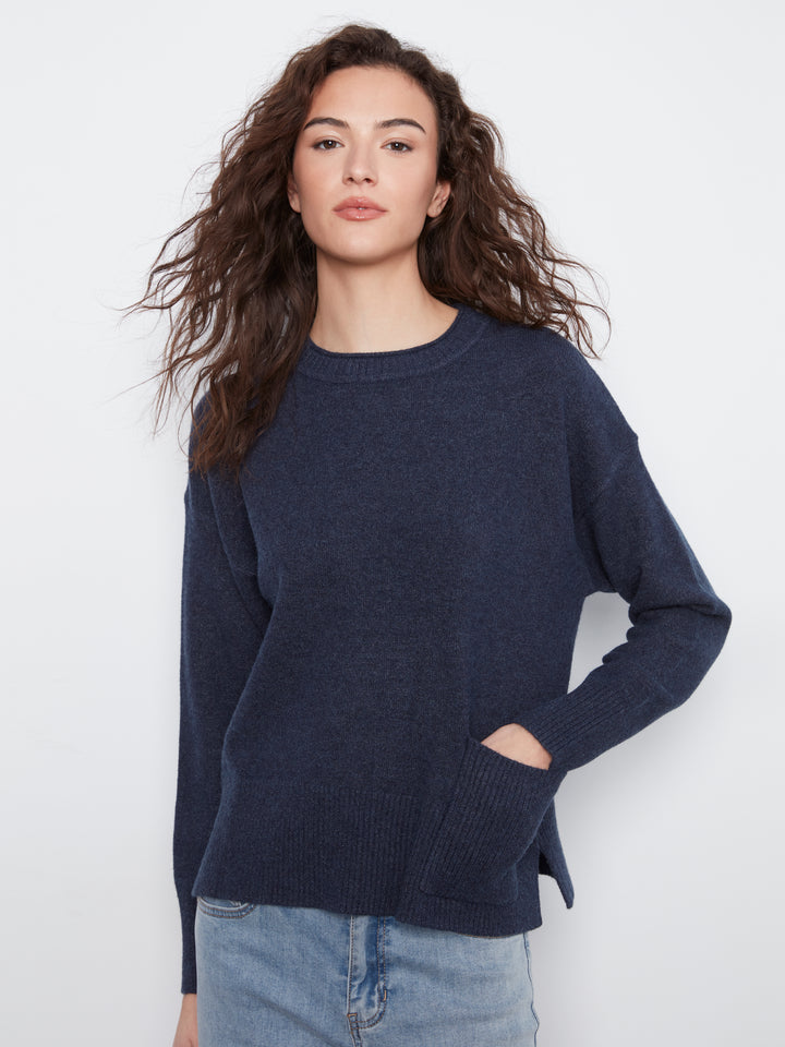 Crew Neck Cropped Sweater with Pocket