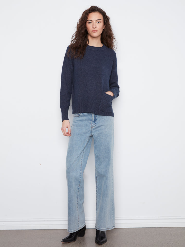Crew Neck Cropped Sweater with Pocket
