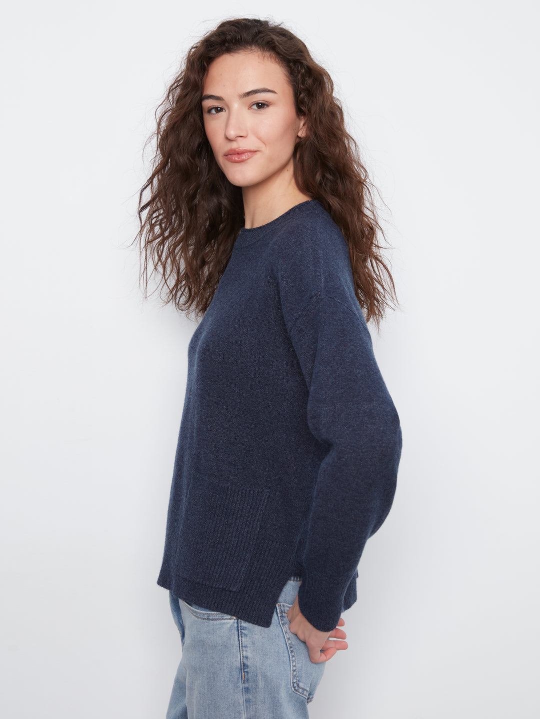 Crew Neck Cropped Sweater with Pocket