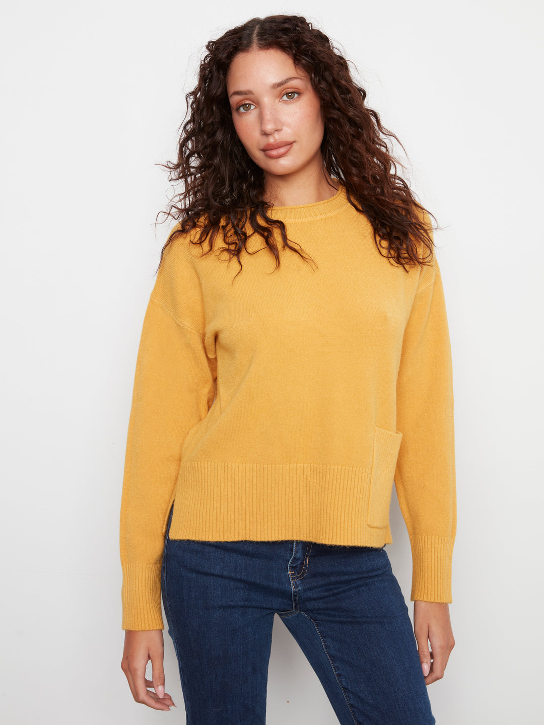 Crew Neck Cropped Sweater with Pocket