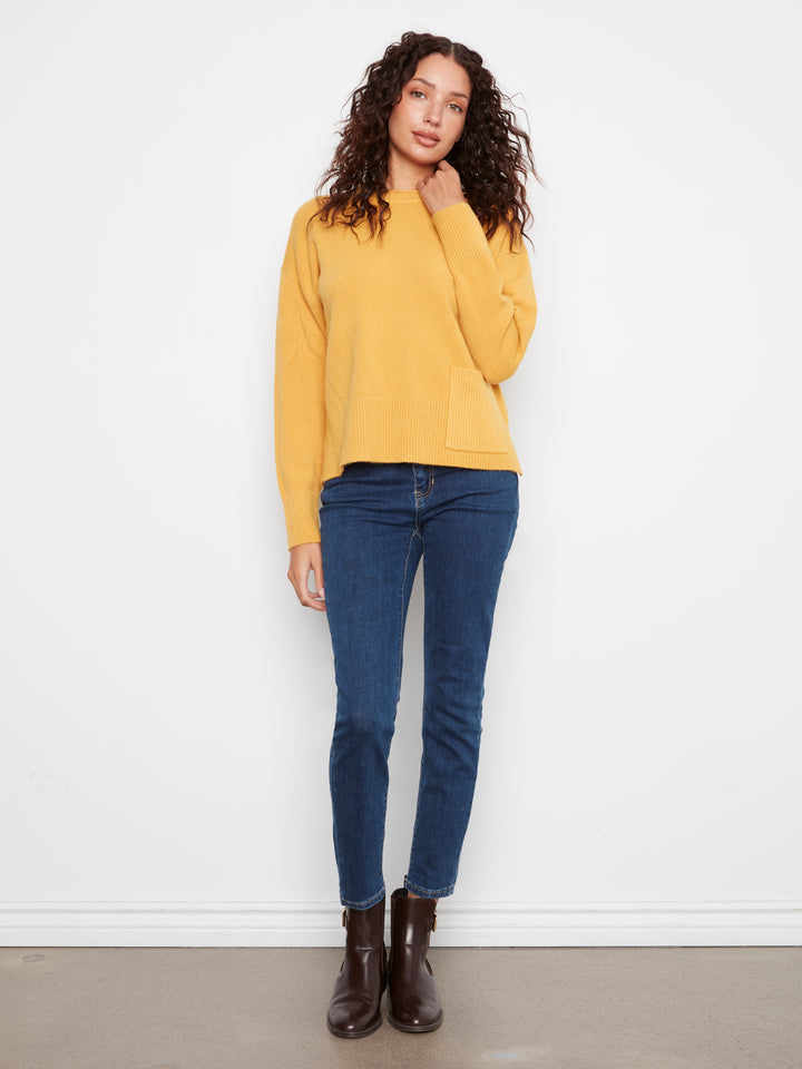 Crew Neck Cropped Sweater with Pocket
