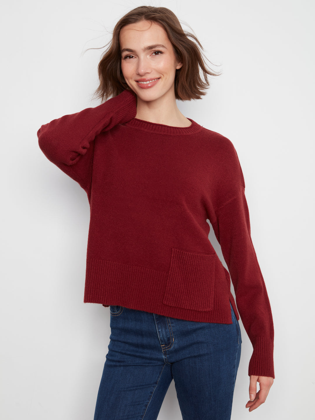 Crew Neck Cropped Sweater with Pocket