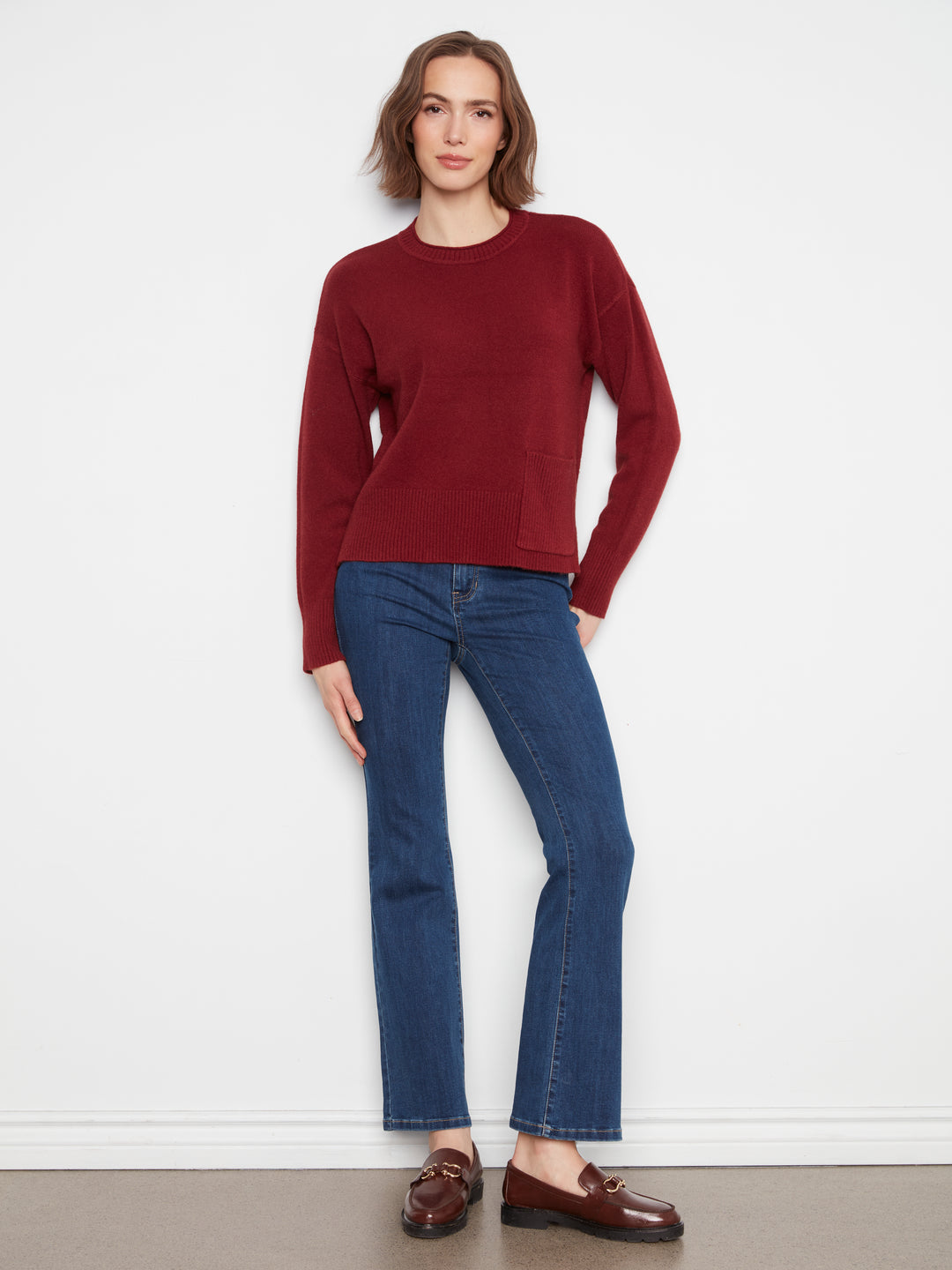 Crew Neck Cropped Sweater with Pocket
