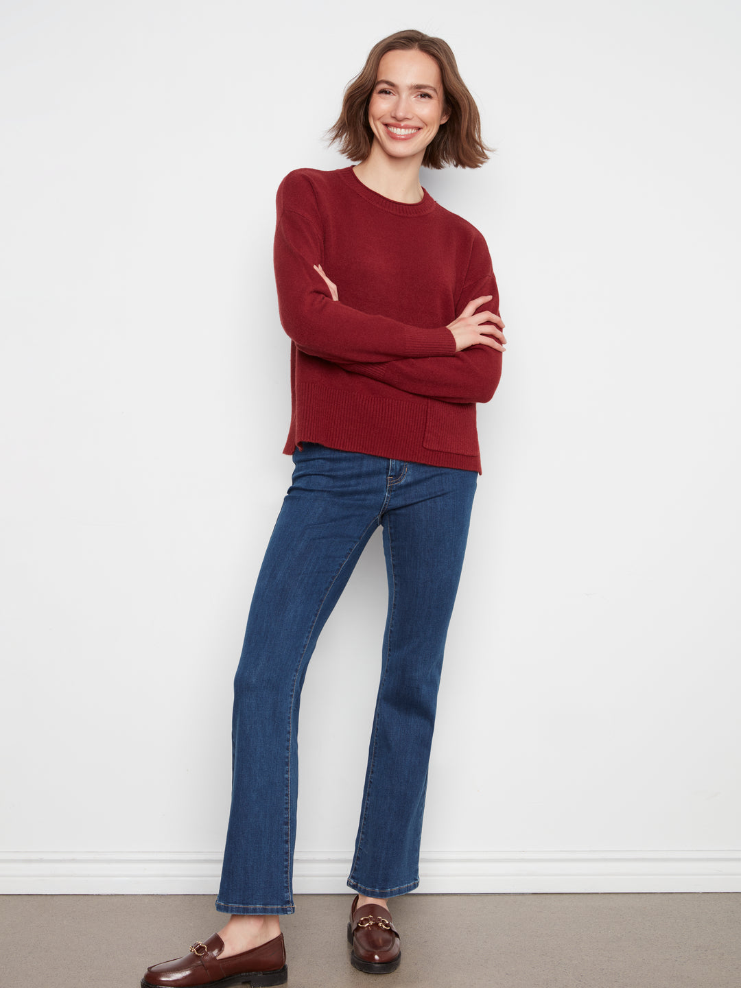 Crew Neck Cropped Sweater with Pocket