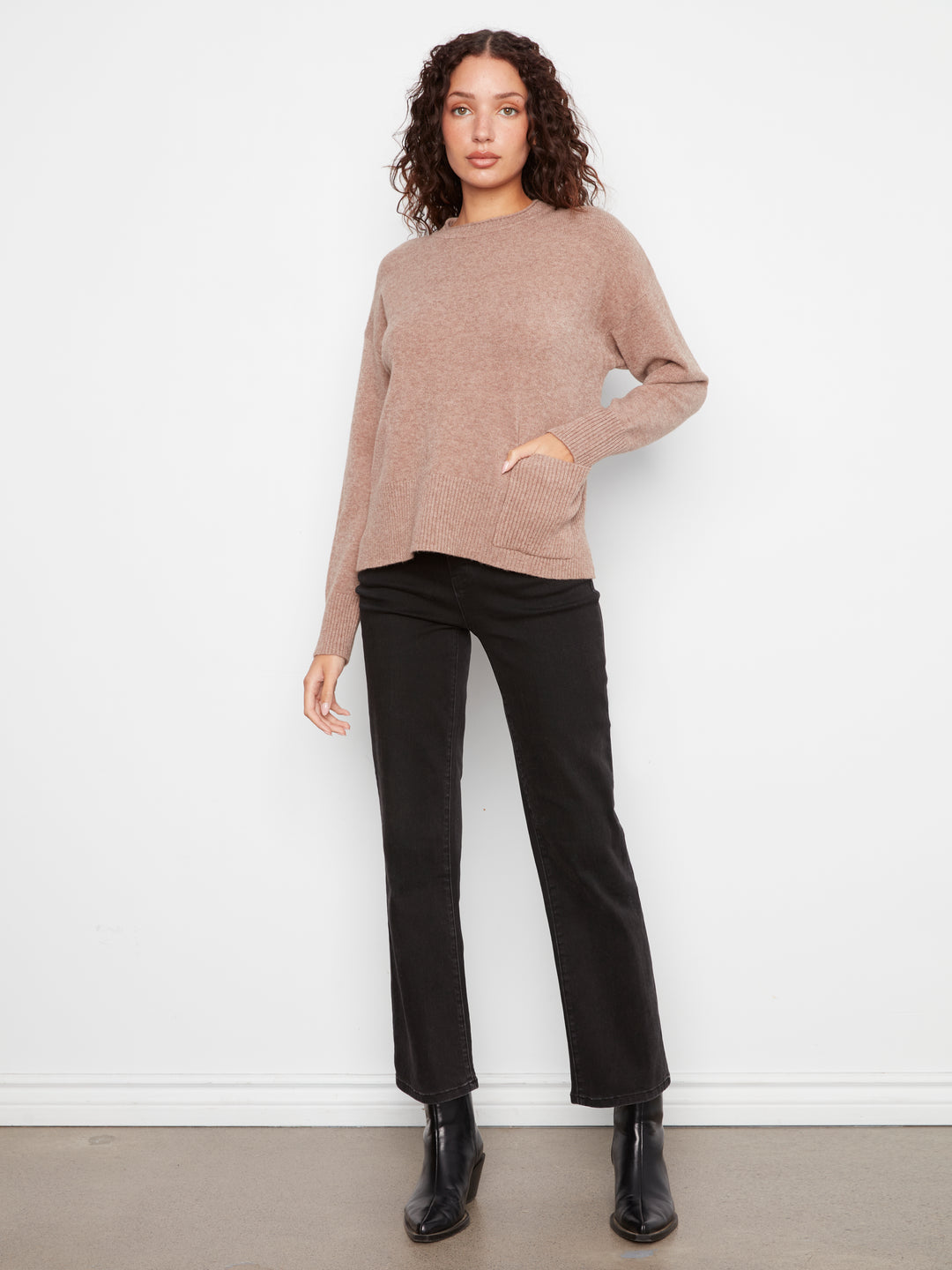 Crew Neck Cropped Sweater with Pocket