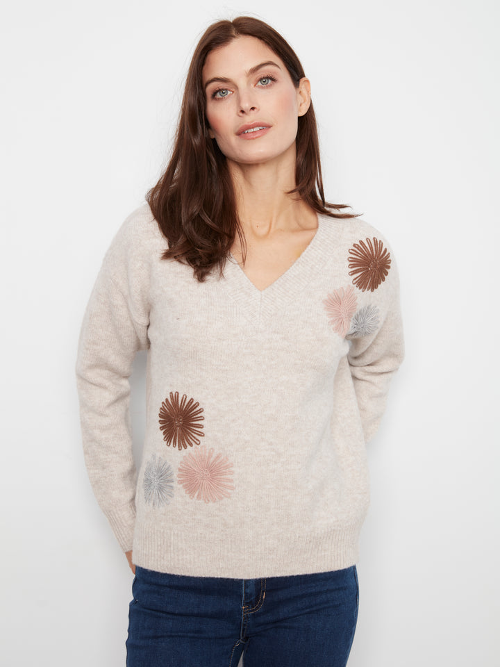 Long Sleeve V-Neck Oversized Sweater With Embroidery