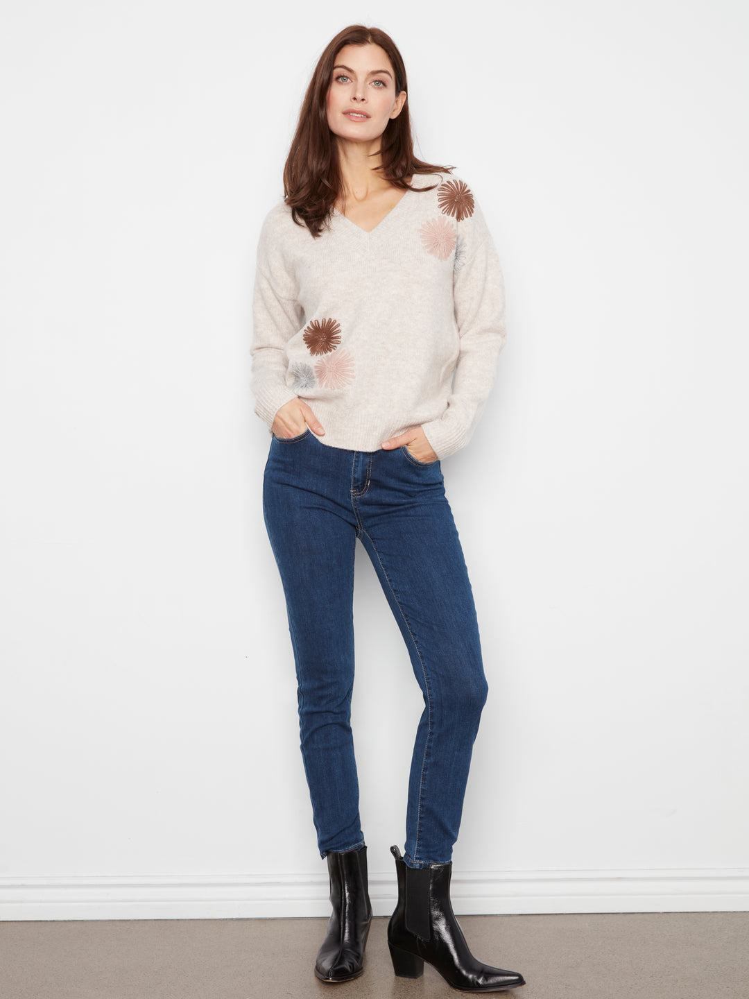 Long Sleeve V-Neck Oversized Sweater With Embroidery