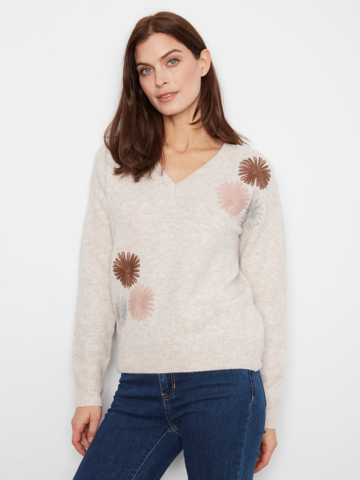 Long Sleeve V-Neck Oversized Sweater With Embroidery