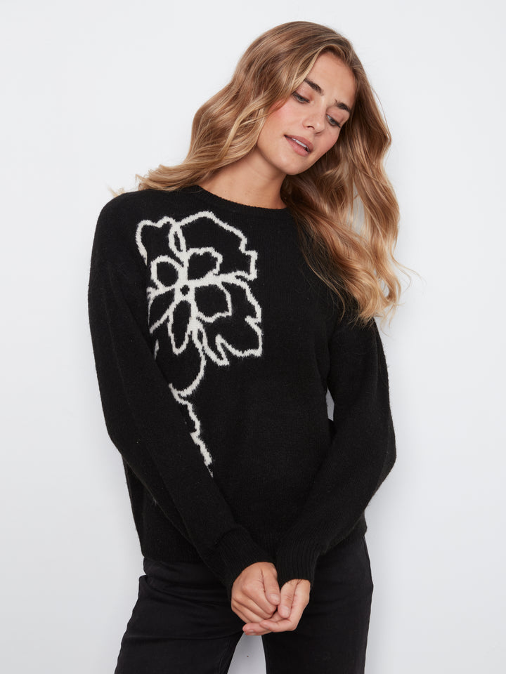 Long Sleeve Drop Shoulder Double Knit Intarsia Flower Sweater