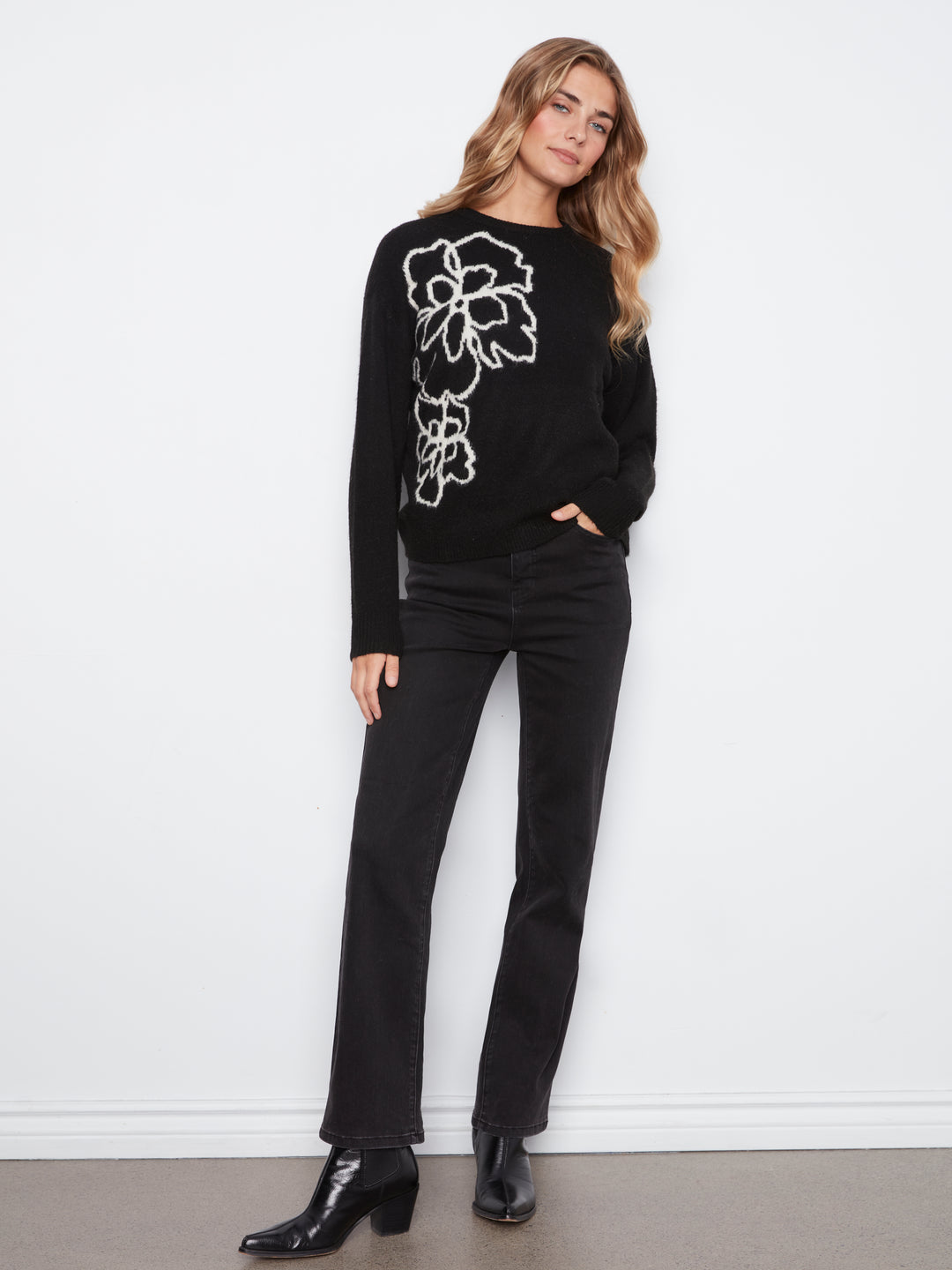 Long Sleeve Drop Shoulder Double Knit Intarsia Flower Sweater