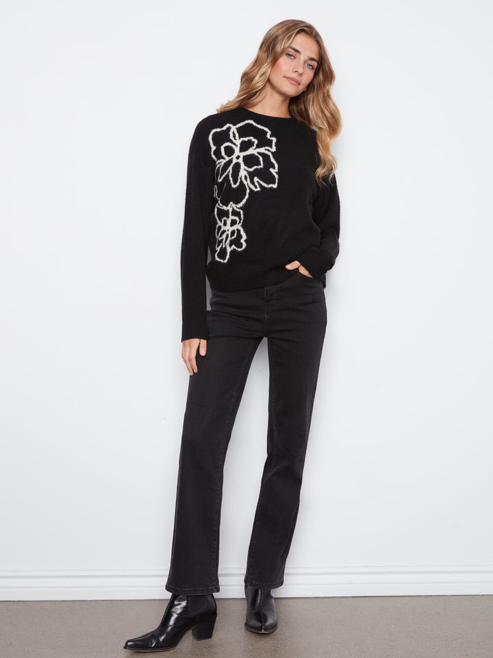 Long Sleeve Drop Shoulder Double Knit Intarsia Flower Sweater