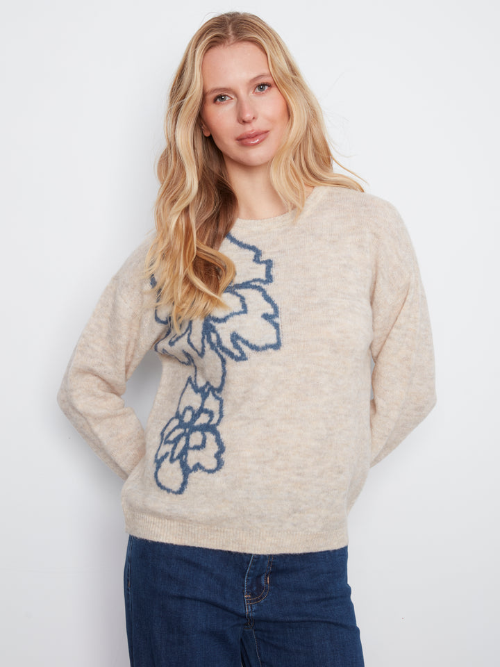 Long Sleeve Drop Shoulder Double Knit Intarsia Flower Sweater