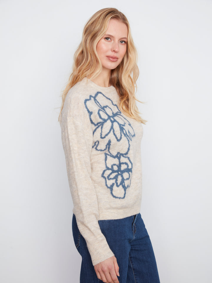 Long Sleeve Drop Shoulder Double Knit Intarsia Flower Sweater