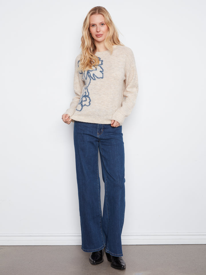 Long Sleeve Drop Shoulder Double Knit Intarsia Flower Sweater