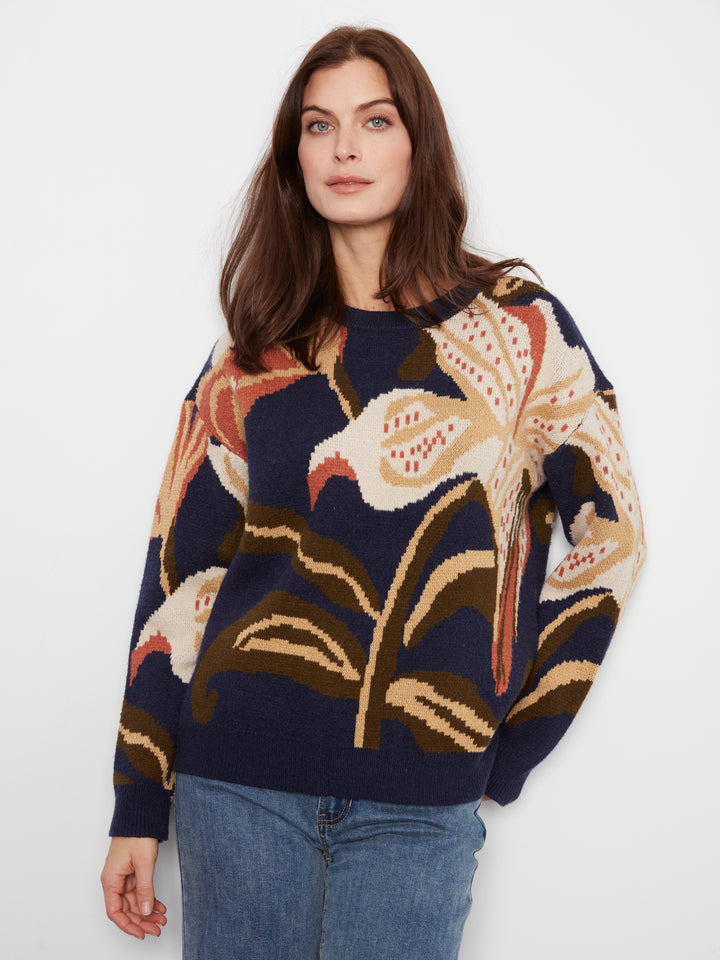 Long Sleeve Drop Shoulder Crew Neck Jacquard Sweater