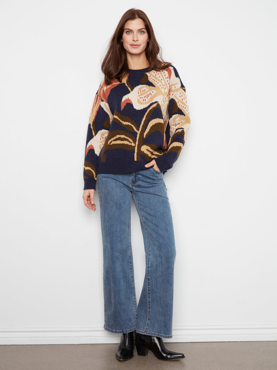 Long Sleeve Drop Shoulder Crew Neck Jacquard Sweater
