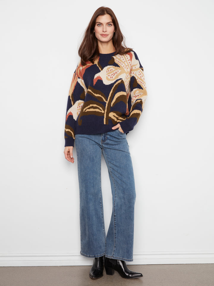 Long Sleeve Drop Shoulder Crew Neck Jacquard Sweater