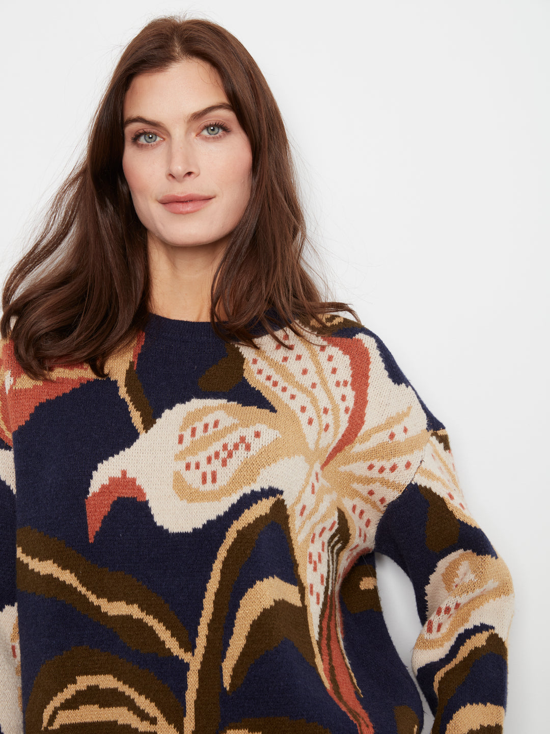 Long Sleeve Drop Shoulder Crew Neck Jacquard Sweater