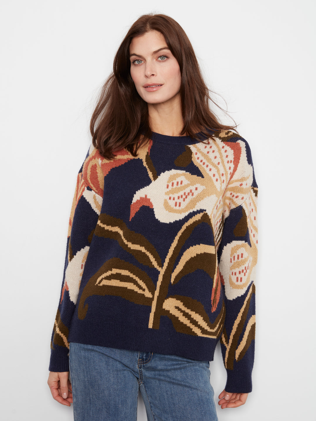 Long Sleeve Drop Shoulder Crew Neck Jacquard Sweater