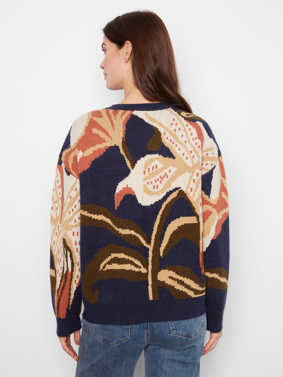 Long Sleeve Drop Shoulder Crew Neck Jacquard Sweater