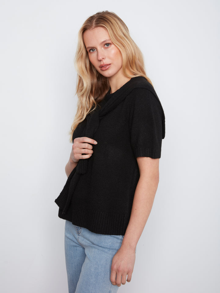 Short Sleeve Crew Neck Sweater With Combined Sleeves Detail