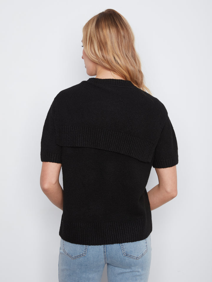 Short Sleeve Crew Neck Sweater With Combined Sleeves Detail