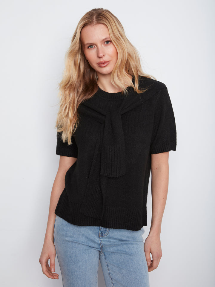 Short Sleeve Crew Neck Sweater With Combined Sleeves Detail