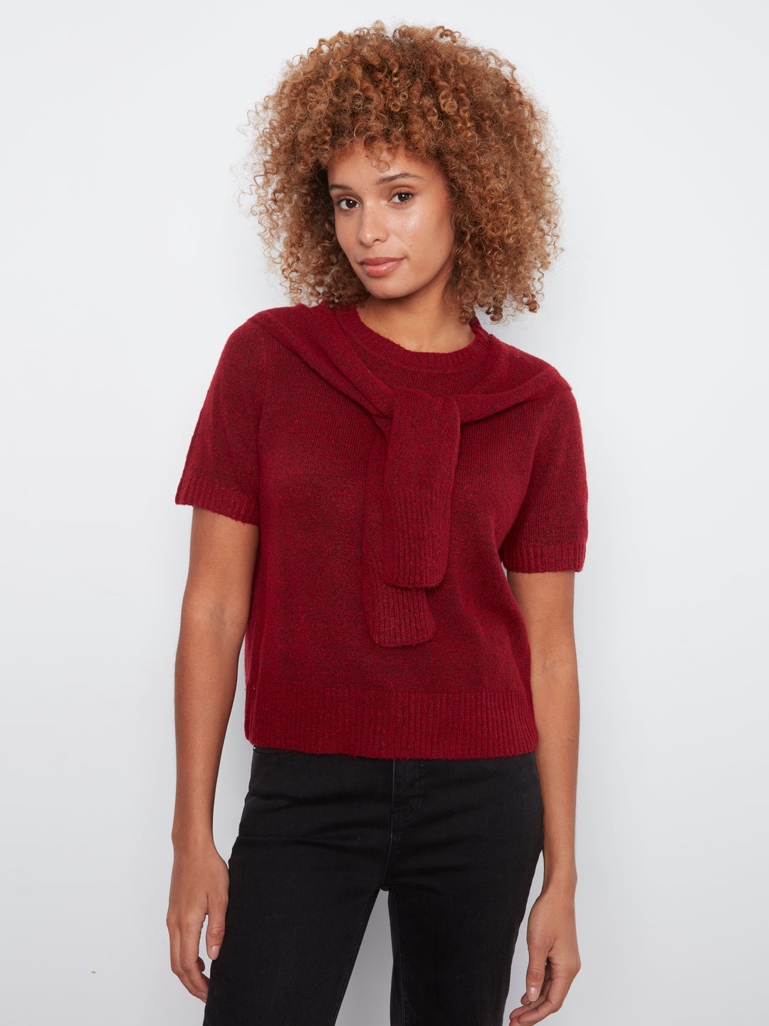 Short Sleeve Crew Neck Sweater With Combined Sleeves Detail
