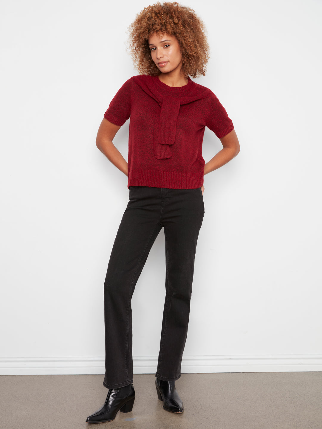 Short Sleeve Crew Neck Sweater With Combined Sleeves Detail