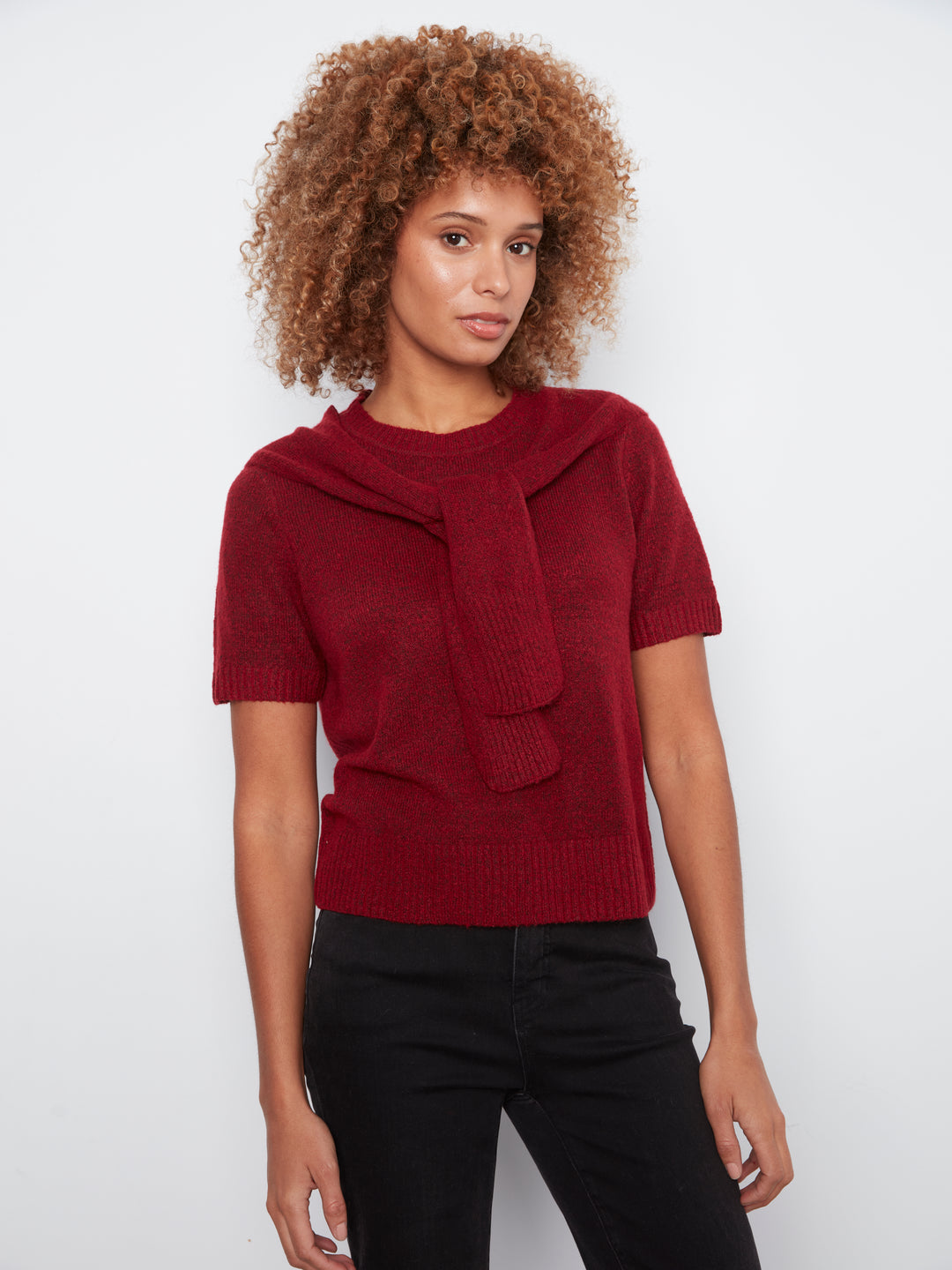 Short Sleeve Crew Neck Sweater With Combined Sleeves Detail